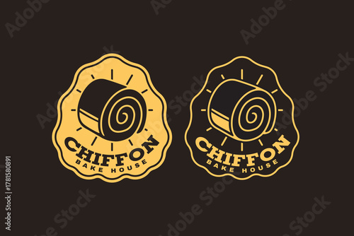 Chiffon roll cake retro badge logo design set for bake shop. Swiss roll dessert vintage emblem element design pack for bakery. Sponge cream cake patch vector illustration set for cafes and restaurant