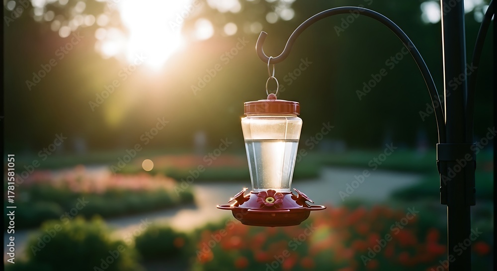 Obraz premium Hummingbird Feeder in Garden at Sunset.