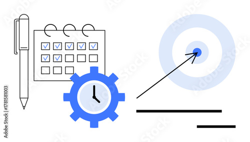 Calendar with checkboxes, pen, clock inside gear, and target with an arrow. Ideal for productivity, scheduling, time management, goal setting strategy organization efficiency. Simple flat metaphor