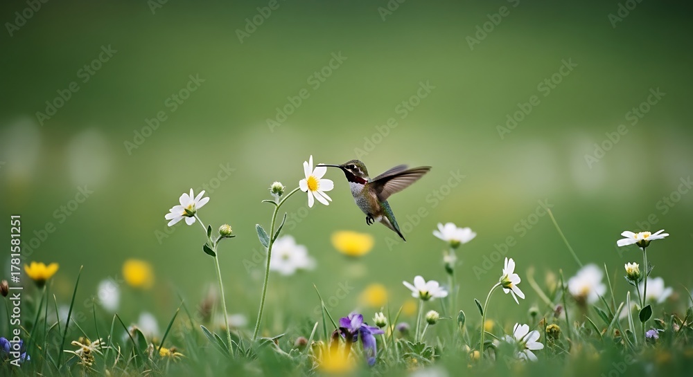 Fototapeta premium Hummingbird hovering near flowers in a vibrant meadow, nature scene.