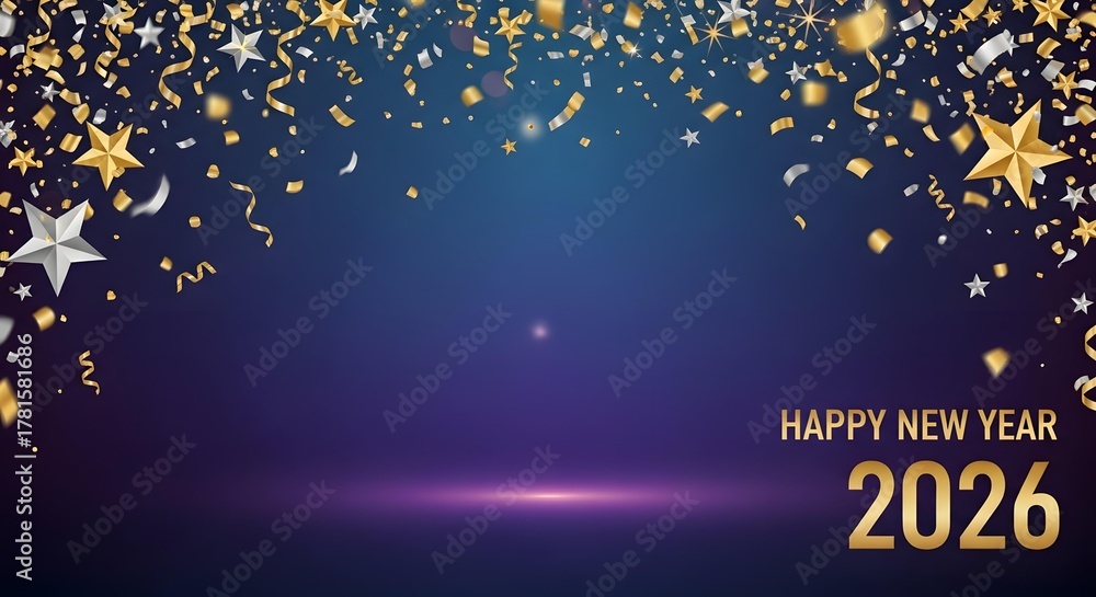 Obraz premium Festive Happy New Year 2026 Celebration with Gold Confetti and Starry Decorations Elegant Design for Holiday Greetings and Joyful Occasions with Sparkling Elements Backdrop