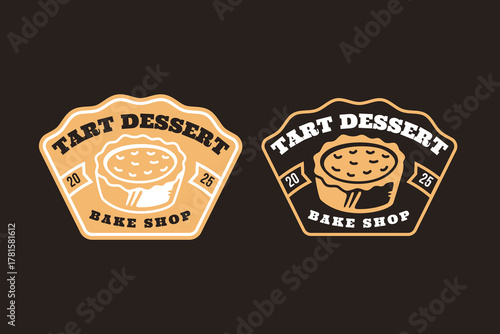 Tart dessert retro badge logo design set for bake shop. Sweet tart cake pastry vintage emblem element design pack for bakery. Mini pie baked treat patch vector illustration set for food and snack