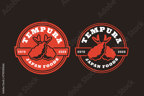 Tempura shrimp retro badge logo design set for Japanese restaurant. Seafood tempura vintage emblem element design pack for street food. Crispy prawn patch vector illustration set for Asian food