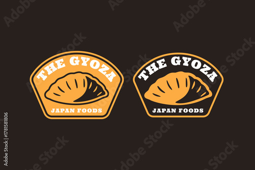 Gyoza dumpling retro badge logo design set for Asian restaurant. Fried dumpling vintage emblem element design pack for street food. Dim sum patch vector illustration set for food, meal and snack