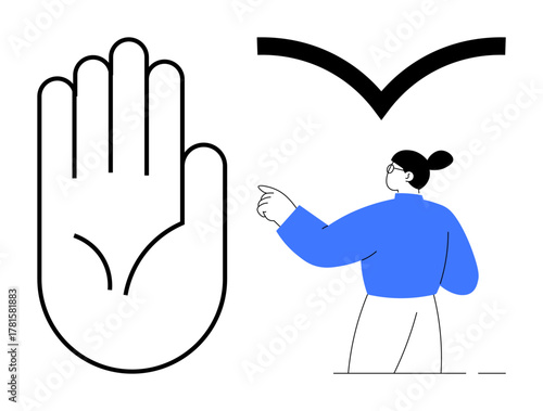 Open hand symbol alongside a person in a blue sweater confidently pointing ahead. Ideal for leadership, motivation, decision-making, guidance, empowerment, direction, progress. Simple flat metaphor