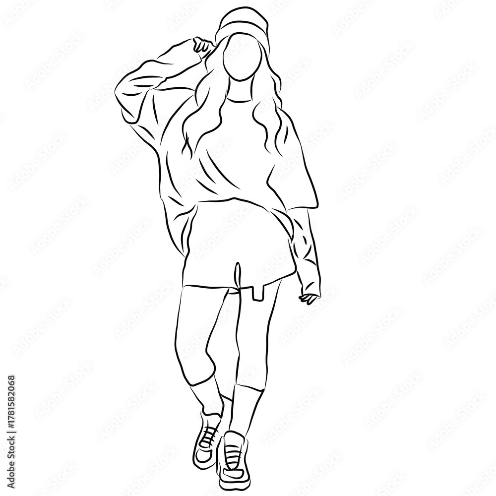 Fototapeta premium Trendy Vibes, Line Drawing of a Woman in Oversized Top and Shorts 
