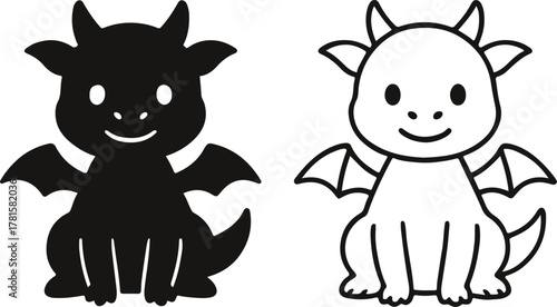Two cartoon dragons: one in black silhouette and one outlined in white