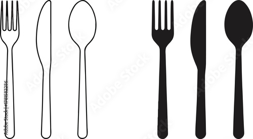 Simple outline and silhouette illustrations of a fork, knife and spoon on white background