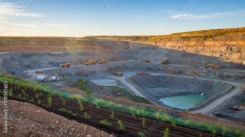 Medium shot showing the layering process of waste rock in open pit mining emphasizing effective management to minimize environmental impact