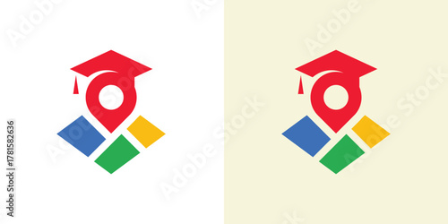 Graduation Map Pin Logo. A dual-meaning design combining a graduation cap and map pin, symbolizing education, learning journey, and global knowledge.