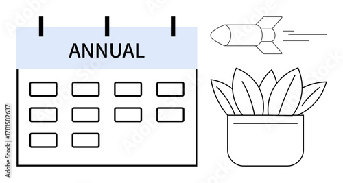 Calendar labeled annual, rocket launching, and potted plant symbolizing planning, progress, success, sustainability, growth, innovation and productivity. Ideal for business goals startup