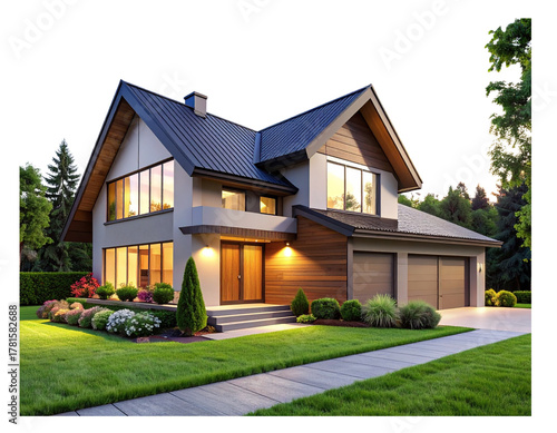  Modern Family House Exterior with Roof, Front View Realistic 3D Rendering, Isolated on Transparent Background 