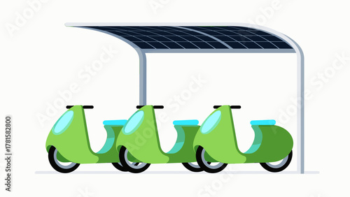 Electric scooter charging station illustration under a solar panel roof, eco-friendly transport