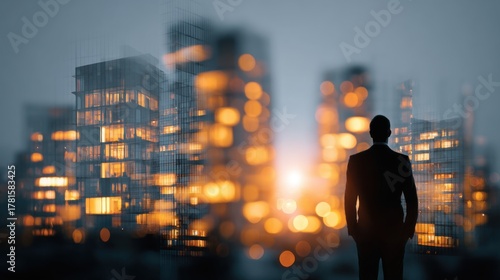 A businessman stands before a glowing city skyline at sunset, symbolizing ambition, finance, and opportunity in the modern corporate world
