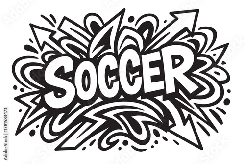 Stylish black and white vector graffiti typography of “SOCCER” filled with arrow lines and paint splashes, representing dynamic street sports and expressive urban art.