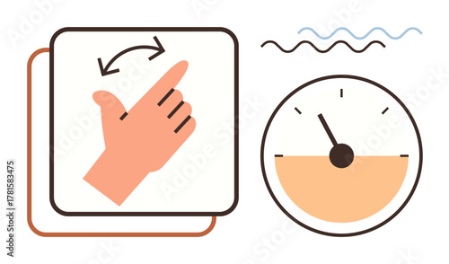 Hand gesture performing swipe action and speedometer-style dial with needle. Ideal for technology, user interface, controls, monitoring, automation, navigation, efficiency. Simple flat metaphor