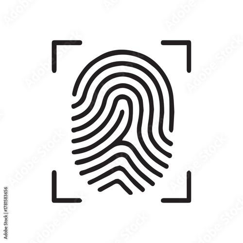 Simple black and white vector showing a fingerprint under scanning lines, symbolizing biometric technology, digital identity, and futuristic security innovation concepts.
