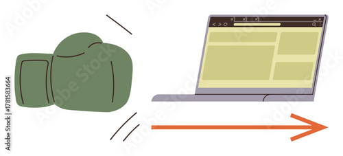 Boxing glove moving towards a laptop screen with a forward arrow, suggesting action or impact. Ideal for technology, conflict, competition, challenge, motivation, digital innovation, persuasive