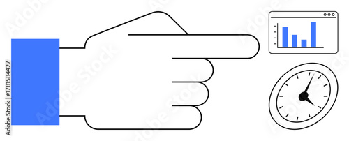 Hand pointing toward bar graph and clock indicating data analysis, time management, decision-making, goals, strategy, digital productivity, deadlines. Ideal for time tracking, efficient