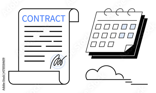 Signed contract document alongside calendar and cloud icon. Ideal for agreement, deadline, planning, task, business, scheduling, data. Clean and simple flat metaphor