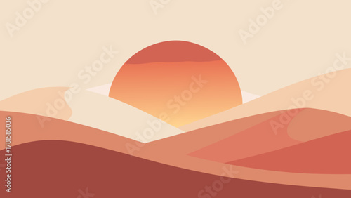Stylized desert landscape with layered sand dunes and a large, setting sun. A warm, minimalist, flat design illustration in shades of orange, peach, and terracotta.