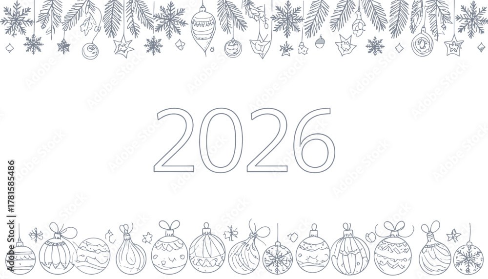 Fototapeta premium Celebrate a sparkling 2026 with festive ornaments and hand-drawn elements, perfect for greeting cards, invitations, and joyful seasonal designs