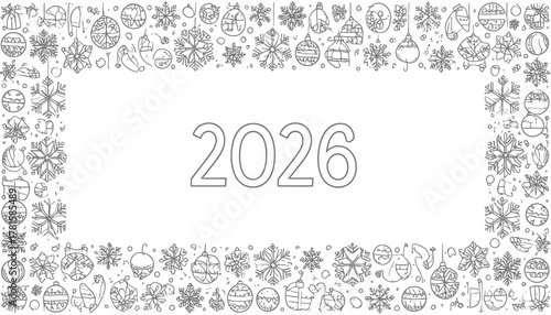 Charming 2026 New Year outline design featuring festive snowflakes and baubles, perfect for seasonal greetings and holiday promotions for a touch of winter joy