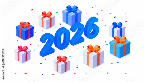 Celebrate 2026 with festive gifts and colorful confetti, perfect for New Year's, birthdays, or special occasions, bringing joy and celebration