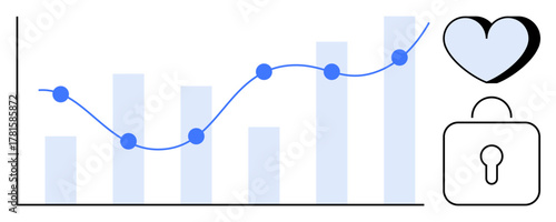 Bar graph with trend line indicating growth, paired with heart and padlock icons. Ideal for analytics, security, health, finance, data privacy, relationships progress. Clean and simple flat metaphor