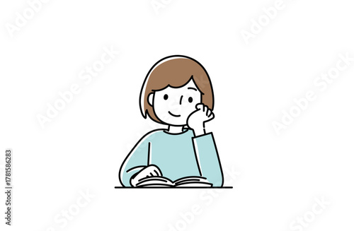 頬杖をついて本を読んでいる女性