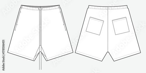 Athletic shorts front and back view vector design mockup template technical flat sketch.