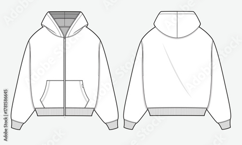 Full zip up hoodie front and back view vector template technical design by adobe illustrator.