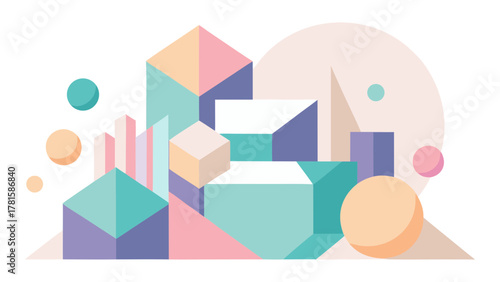 Soft pastel geometric abstract composition with 3D blocks, prisms, and spheres. Flat style vector illustration representing construction, architecture, education, technology, or an abstract scene.