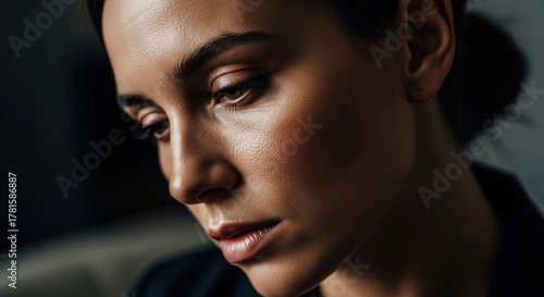 Close Up Elegant Woman with Smooth Skin and Subtle Makeup in Dark Background