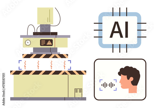 Industrial machine, microchip labeled AI, user voice recognition. Ideal for AI, automation, technology, innovation, machine learning robotics industry. Simple flat metaphor