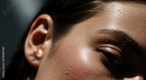 Close-up of a Moist Elegant Woman Face with Water Droplets Showing Smooth Skin and Natural Lighting