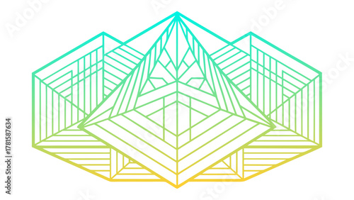 Powerful, geometric, wireframe design with a vibrant cyan-to-yellow gradient, evoking abstract technology, data structures, and spiritual architecture.