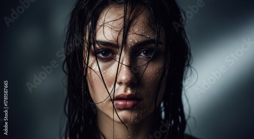 Close Up Young Woman with Wet Hair and Water Droplets on Face in Dark Moody Lighting