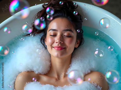 happy woman relaxing in bubble bath
