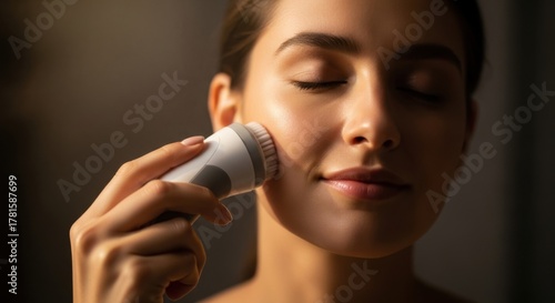 Young Woman Using Facial Cleansing Brush in Relaxed Bathroom Setting