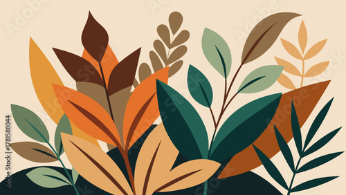 Autumnal vector background featuring a cluster of layered, stylized leaves and organic shapes in warm fall colors (orange, brown, teal). Flat design graphic for nature, season, and harvest themes.