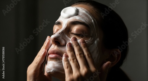 Woman Applying Facial Mask in Dimly Lit Spa or Skincare Setting