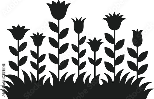 Black silhouette flower bed with tulips and grass on white background 1