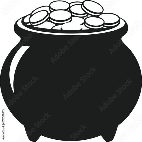 Black pot overflowing with gold coins vector illustration