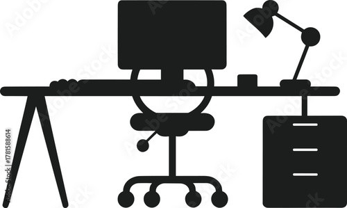 Black silhouette of a desk with computer chair and lamp