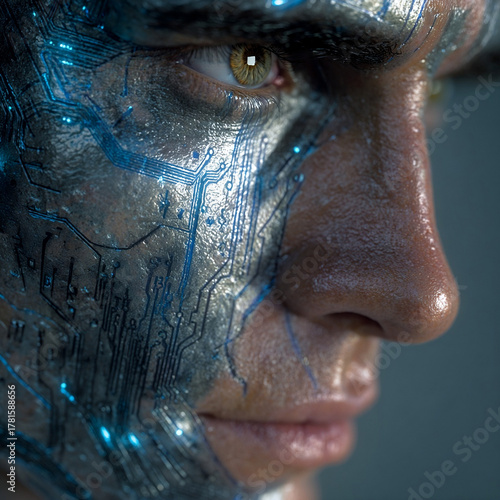 man whose face is half human and half robot.  