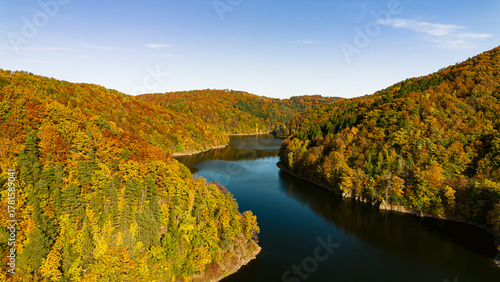 Bystrzyckie Lake in autumn, aerial view, Zagórze Śląskie, Poland. 