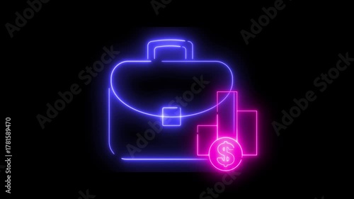 Neon light effect animation of a briefcase icon with a money graphic