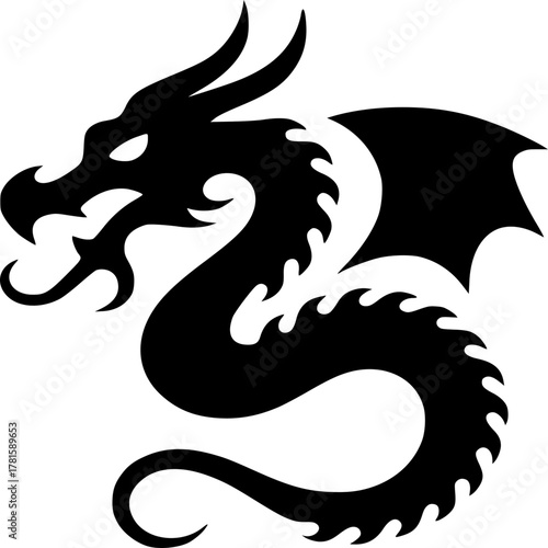 Majestic Dragon Silhouette: A fierce, black dragon silhouette, its intricate form poised and ready, embodying strength and mystery. 