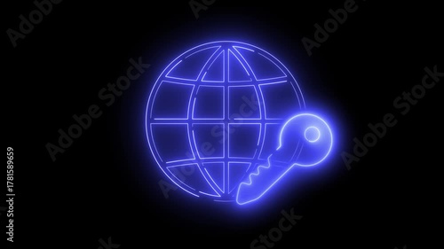 Neon light effect animation of a globe icon with a key